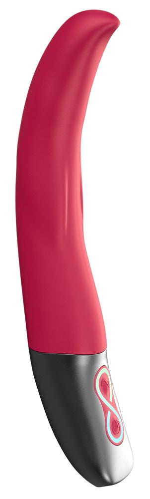 Titanz Slim G-punktvibrator är en böjd röd och svart vibrator med handtagskontroller som erbjuder 10 vibrationslägen för anpassningsbar njutning.