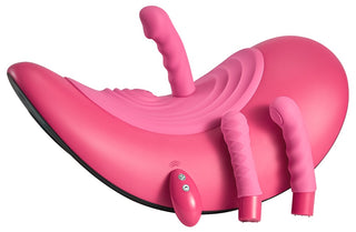 Vibepad RIDE ON är en rosa, vibrerande sadelliknande leksak för vuxna med tre utbytbara texturerade tillbehör för kraftfull klitorisstimulering och handsfree-njutning.