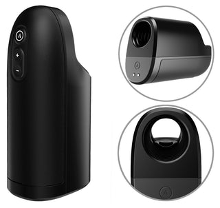 Elegant svart Arcwave Ion 2 Masturbator visad från olika vinklar, med knappar och en cirkulär öppning - upplev avancerad Pleasure Air-teknik för män.