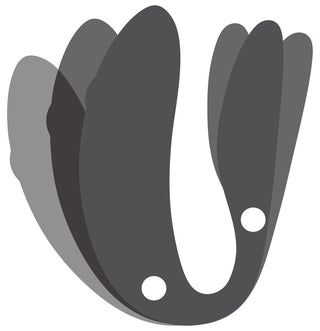 Illustration av We-Vibe Chorus Parvibrator, en mörk U-formad apparat med två cirkulära hål, som visas i tre överlappande positioner.