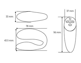 Linjeteckning av We-Vibe Chorus Parvibrator, med måtten 96x37 mm, 78x43,5 mm och 33 mm bredd med detaljerade knappar - perfekt för att framhäva den kompakta designen.