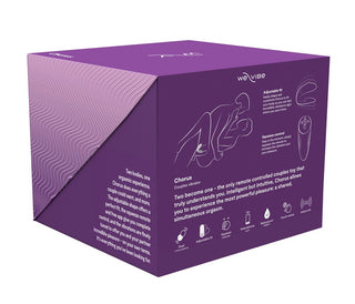 We-Vibe Chorus Parvibrator-boxen visar produktillustrationer, viktiga funktioner och en parskiss - vilket belyser denna fjärrstyrda sexleksak som idealisk för delad njutning.