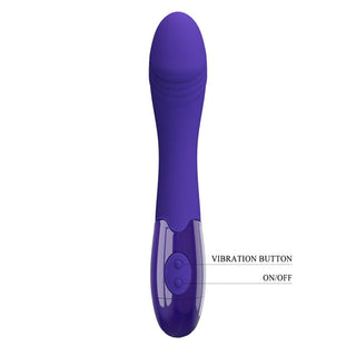 Pretty Love Youth Vibe är en lila vibrator med en tydlig bas, med två knappar märkta Vibration och On/Off. Den erbjuder G-punktsstimulans för ökad njutning, är USB-uppladdningsbar och ger imponerande 30 vibrationsfunktioner att utforska.
