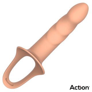 En kötttonad analdilatator av premium silikon med ett böjt handtag med en oval öppning. Produkten är Action Strap-On Hollow Dildo L, och varumärket Acton syns i det nedre högra hörnet.
