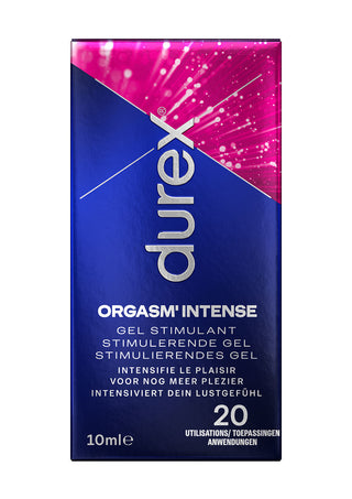 Den blå och lila förpackningen av Durex Intense Orgasmic Gel, 10 ml, innehåller flerspråkig text som lovar "starkare orgasmer" genom effektiv klitorisstimulering.