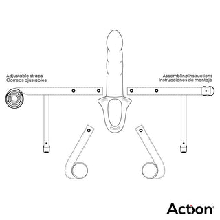 Linjeteckning av Action Strap-On med Hollow Dildo med märkta justerbara remmar och premium silikonkomponenter. Engelska och spanska monteringsanvisningar medföljer. Action-logotypen finns i det nedre högra hörnet och markerar fästpunkter och komponenter för enkel montering.