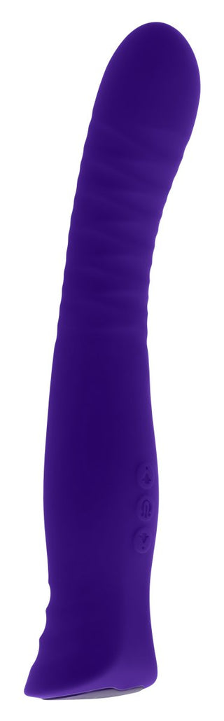 Selopa Trixxxie Vibrator är en lila, kroppssäker silikonvibrator med en böjd, strukturerad design och sidokontrollknappar. Den är vattentät för extra nöje i alla miljöer.