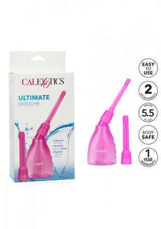 Intim Dusch 160ml från CalExotics, idealisk för analrengöring, inkluderar två plastmunstycken. Den har en kapacitet på 5,5 fl oz, kroppssäkra material och ett års garanti – allt presenterat på en orörd vit förpackning.