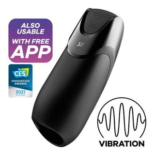 Satisfyer Men Vibration+ med appkompatibilitetstext, CES 2021-märke och penisstimuleringssymbol på en vit bakgrund.