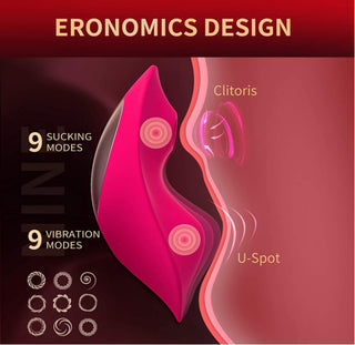 Den här illustrationen visar den rosa ergonomiska "Lufttryck & Vibration Trosvibrator" med 9 spännande sug- och vibrationslägen för klitoris och U-punktsstimulering. Njut av skräddarsydd njutning med dess appstyrd kontroll för ultimat anpassning.