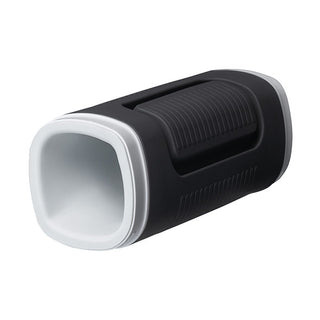 Lovense Calor, en svart och vit bärbar Bluetooth-högtalare, har ett texturerat grepp och djupkontrollerad vibration för att förbättra din ljudupplevelse.