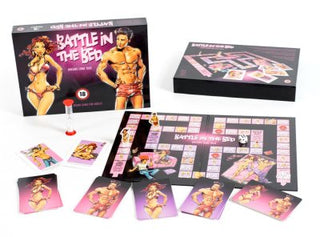 Brädspel Battle In Bed Sexspel, ett sensuellt brädspel med illustrerade spelkort, tavla och låda som visar seriefigurer i underkläder, lovar att fängsla spelarna med sin lekfulla intimitet och begär.