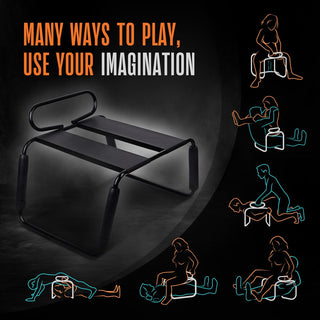 Temptasia Surrender Sexstol har en robust metallram och illustrationer av lekfulla poser, som erbjuder många sätt att leka och uppmuntrar fantasifull användning.