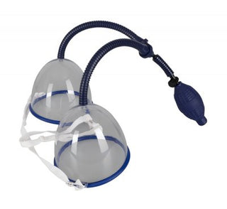 Två Bröstpump - Easy Grow transparenta koppar med blå slang och en manuell handpump, designade för komfort och effektivitet.