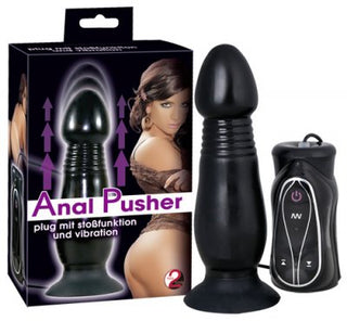 Box och svart silikon Analplugg som går upp och ner med fjärrkontroll, med en kraftfull vibrator, visas.