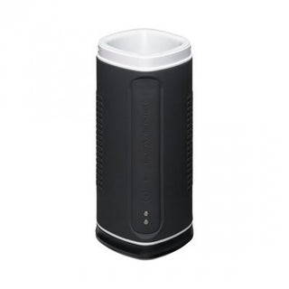 Lovense Calor är en elegant cylindrisk enhet i svart och silver med en strömknapp och dubbla frontindikatorer, som erbjuder djupkontrollerad vibration för oöverträffad njutning.