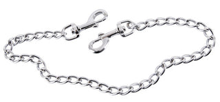 Kedja med karbinhakar" är ett mångsidigt tillbehör med två vridbara karbinhakar i varje ände, visad på en vit bakgrund.