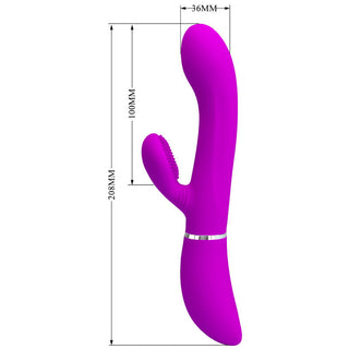 Pretty Love Rabbitdildo är en lila silikonvibrator med en dubbel stimuleringsdesign, som erbjuder exakta mätdetaljer och justerbara vibrationsinställningar för personlig njutning.