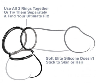 Diagram som visar Fantasy C-Ringz Penisring Set, som illustrerar tre silikonringar för penisanvändning, med text som framhäver deras bekväma passform och hållbara material för att stödja långvarig erektion.