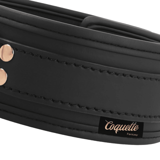 Närbild av Coquette Fantasy - Halsband Med Koppel, en choker i svart läder med invecklade sömmar och metalldubbar.