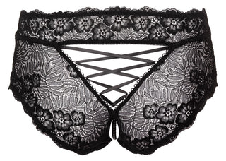 Cotteli Curvies Trosor Med Pärlor är svarta spetstrosor med eleganta blommig spets och korsade remdetaljer i ryggen, prydda med pärlkedja-accenter för en sofistikerad och stilren look.