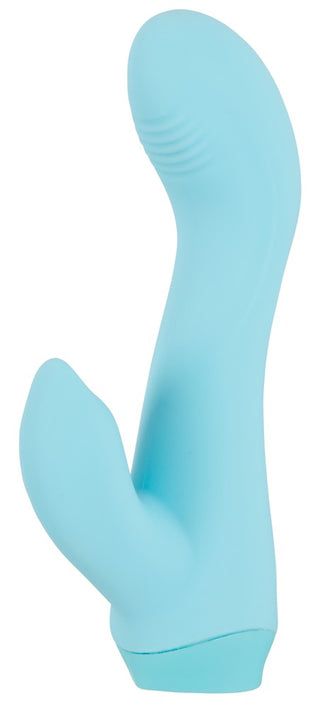 Cuties Mini Rabbitvibrator är en blå silikon massageapparat med två ändar med en böjd design på en vit bakgrund.