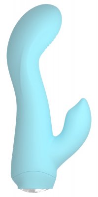 Den ljusblå Cuties Mini Rabbitvibrator är en sexleksak i silikon, dubbeländad med en böjd design och ett mindre sidoutsprång för ökad njutning.