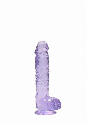 Lila Dildo Med Sugpropp 17cm är en genomskinlig lila silikondildo med en realistisk TPE-design, som visas på en vit bakgrund.