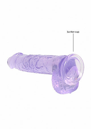 Lila Dildo Med Sugpropp 17cm, tillverkad av TPE och med sugkopp, visas mot en vit bakgrund i en genomskinlig lila nyans.