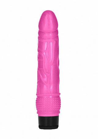 8 Inch Realistisk Dildo är en rosa, strukturerad vibrator med fallisk form och detaljerade åsar, med en svart bas. Den visas upprätt mot en vit bakgrund.