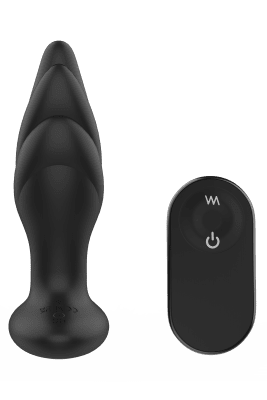 Upptäck Dark Desires Angelina Plug, en utsökt svart silikon buttplug med en elegant fjärrkontroll, allt mot en orörd vit bakgrund.