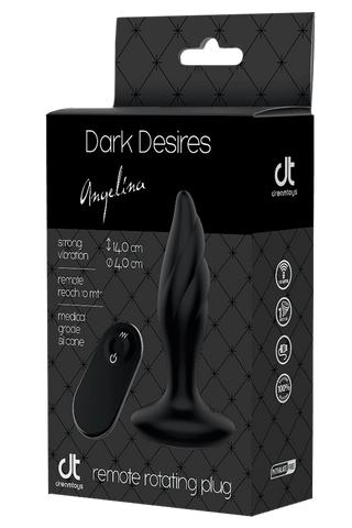 Förpackningen av Dark Desires Angelina Plug från Dream Toys understryker dess anmärkningsvärda egenskaper.