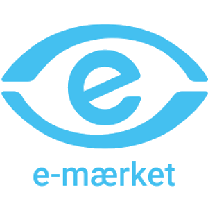 e-mærket logo – et blåt øjeformet design med et lille 'e' i midten, som repræsenterer Danmarks officielle certificering for sikker e-handel.