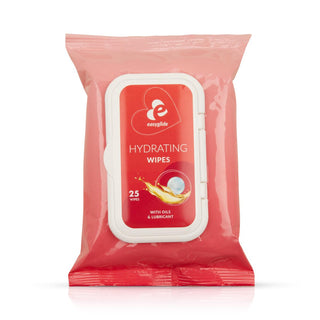 En röd förpackning EasyGlide Intimservetter 25-pack med ett vitt återförslutningsbart lock innehåller 25 våtservetter - perfekt för skonsam vård före eller efter sexuell aktivitet.