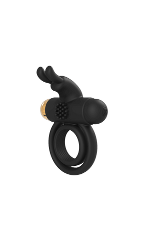 Elite Joel Penisring är en svart silikonring med en strukturerad yta och guldaccent, designad för att vibrera för en förbättrad upplevelse.