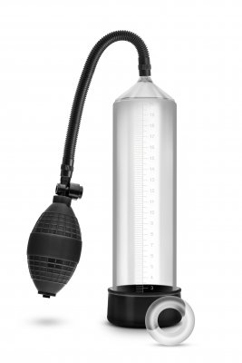 Vi presenterar Penispump Performance VX101: en genomskinlig cylinder med en svart squeeze glödlampa och slang, plus en vit ring. Perfekt för dem som söker förbättrad potens och ökad storlek, den ger förbättrad prestanda i ett elegant paket.