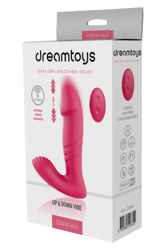 Essentials Up&Down Vibrator, i rosa, erbjuder en trådlös fjärrkontroll och olika inställningar för ultimat njutning. Den är elegant förpackad, vattentät, och idealisk för att utforska G-punkten med lätthet och komfort.