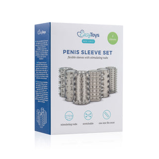 Box med "Penis Sleeve Set" exklusivt för män, med sex tydliga, texturerade ärmar med stimulerande nubbar för att öka njutningen. Nyckelfunktioner: töjbar, en storlek passar de flesta, erbjuder varierad njutning.