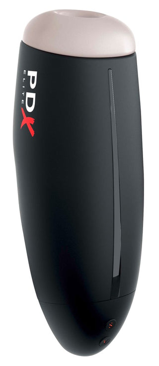 PDX Elite Fap-O-Matic Masturbator är en svart cylindrisk enhet med rött och vitt märke, med en slät grå cirkulär öppning upptill och en innovativ sugfunktion för förbättrade upplevelser.