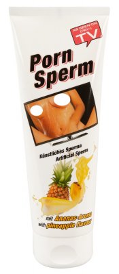 Tube av Fejk Sperma Ananas, en behaglig vattenbaserad lotion med ananassmak med en TV-reklamdekal.