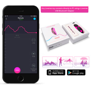 En telefon som visar appgränssnittet bredvid två förpackade produkter framhäver reklamtext och nedladdningsikoner, vilket betonar sömlös anslutning med Lovense Ferri - Appstyrd Trosvibrator via appstyrning.