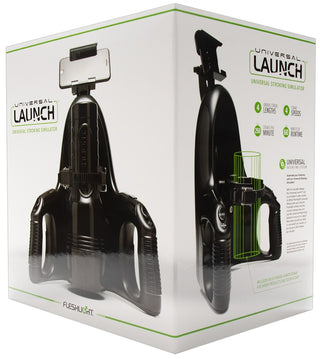 Box of a Fleshlight Universal Launch stroking simulator med detaljerade bilder och specifikationer, med ett automatiserat stimuleringssystem.