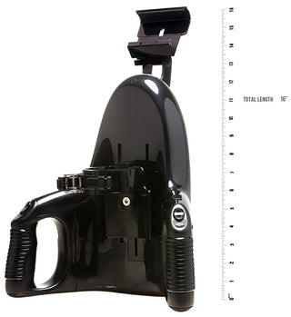 En elegant svart handhållen massageapparat med handtag och justerbart huvud, som mäter 16 tum bredvid linjalen, perfekt för mångsidig användning som Fleshlight Universal Launch.