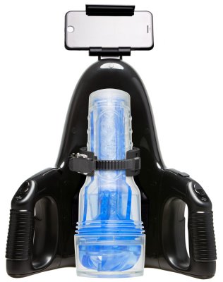 Fleshlight Universal Launch är en snygg svart enhet med sidohandtag, en telefonhållare och en transparent cylindrisk del för automatiserad stimulering.