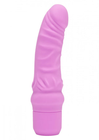 Get Real Mini Dildovibrator, en rosa texturerad silikonvibrator med en realistisk form, står upprätt mot en vit bakgrund, med åsar och detaljer för ökad realism.