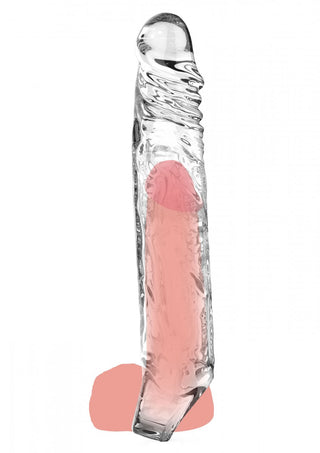 En klar glasskulptur tillverkad av TPE, formad som ett läppstift, står upprätt och har en levande rosa färg som liknar Get Real Penis Extension XL.
