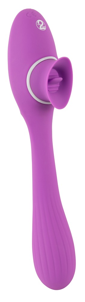 2 Funktion Vibrator Med Tunga - 22 cm är en lila silikonmassager med en utsvängd ände och räfflat handtag, designad för effektiva klitorisstimulans.