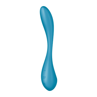 Satisfyer Pro G-Spot Flex 5+ är ett blått, böjt, ergonomiskt föremål med en slät yta som liknar ett modernt, levande designkoncept för en sexleksak.