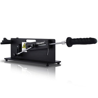 Hismith Premium Sexmaskin - Table Top 2-appen är en svart justerbar mekanisk enhet med ett handtag på en rektangulär bas, perfekt för manuell användning. Den stöder också fjärrstyrd funktionalitet för personliga upplevelser.