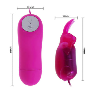 Vibrator Ägg Med Fjärrkontroll" är en rosa, fjärrstyrd, TPR-silikonanordning med en kaninformad infästning och detaljerade mätspecifikationer.